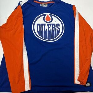 Vintage Edmonton Oilers NHL Long Sleeve Shirt L Colorblock Blue Orange Lipar